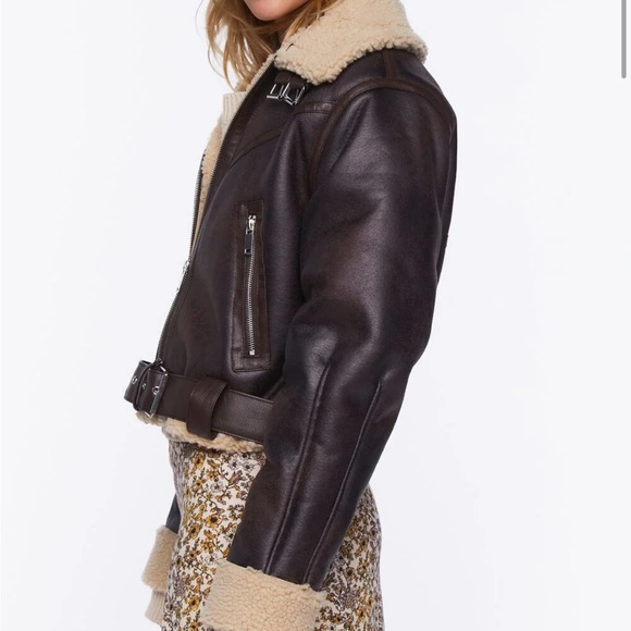 Forever 21 Faux Shearling Moto Jacket 1X Brown Cream Buckle - Picture 3 of 13